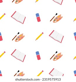 Book, pencil, eraser, brush with palette, seamless pattern, vector. Back to school. Book, pencil, eraser, brush with a palette on a white background.