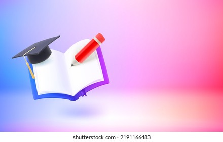 Book with pencil and graduteion cap. 3d vector banner with copy space