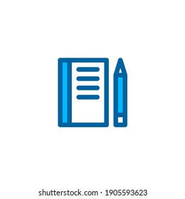 Book and pencil icon in blue color style. Vector icon with pixel perfect