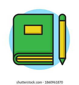 Book and Pencil Icon Filled Line Style. Student Equipment Vector Illustration. Stationary Logo Symbol Sticker. School Education Icon For Web and Print Template