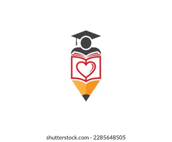 Book Pencil Logo Concept symbol icon sign Element Design. E-book, Graduation, Library, Courses, Book Store and Academy Logotype. Vector illustration template 