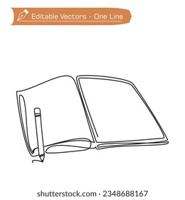 Book and pencil modern line art premium icon. One continuous line drawing of notebook and pencil on work table. Vector illustration of a pencil over a notebook on the lower left.