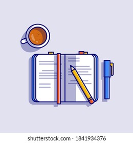 Book With Pencil, Pen And Coffee Cartoon Vector Icon Illustration. Education Object Icon Concept Isolated Premium Vector. Flat Cartoon Style