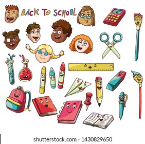 Book, pencil, pen, eraser, backpack, flask, crayons, paint brushes, pin, paper plane, ruler, scissors. Children of different races and nationalities. People of color. Kids with disabilities. Isolated