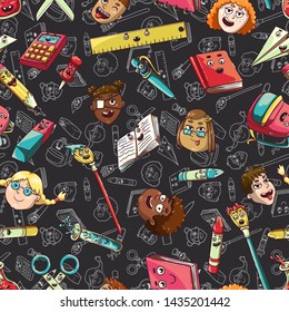 Book, pencil, pen, eraser, backpack, flask, crayons, brushes, pin, paper plane, ruler, scissors. Children of different races and nationalities. People of color. Kids with disabilities. Background