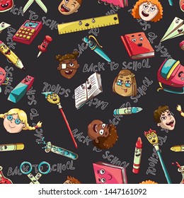 Book, pencil, pen, eraser, backpack, flask, crayons, brushes, pin, paper plane, ruler, scissors. Children of different races and nationalities. People of color. Kids with disabilities. Background