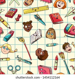 Book, pencil, pen, eraser, backpack, flask, crayons, brushes, pin, paper plane, ruler, scissors. Children of different races and nationalities. People of color. Kids with disabilities. Background