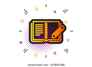 Book with pencil sign. Halftone circles pattern. Feedback icon. Copywriting symbol. Classic flat feedback icon. Vector