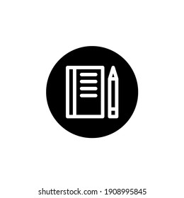 Book and pencil stationery icon in round black style. Vector