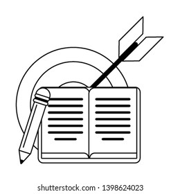 Book and pencil with target dartboard in black and white