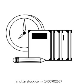 Book and pencil with time clock cartoons vector illustration graphic design