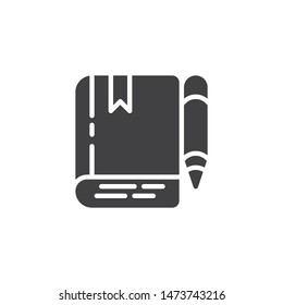 Book and pencil vector icon. filled flat sign for mobile concept and web design. Book with bookmark and pen glyph icon. Symbol, logo illustration. Vector graphics