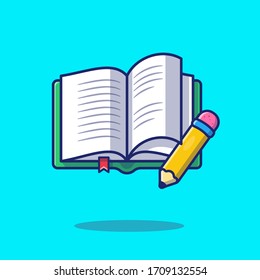 Book And Pencil Vector Icon Illustration. Education Concept Isolated. Flat Cartoon Style Suitable for Web Landing Page, Banner, Flyer, Sticker, Card