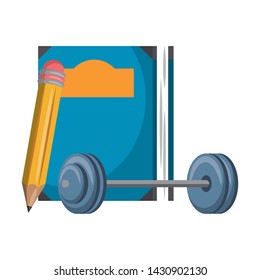 Book and pencil with weight cartoon isolated vector illustration graphic design