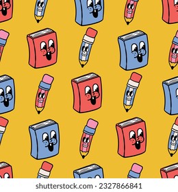 book and pencils vintage cartoon seamless pattern