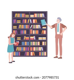 Book people composition with isolated image of book cabinet with teenage girl and adult man choosing books vector illustration