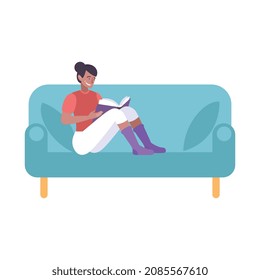 Book people composition with isolated image of sofa with sitting female character reading book vector illustration