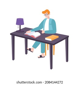 Book people composition with view of male character sitting at table reading books vector illustration