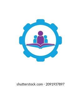 Logotipo del concepto de forma de los engranajes de la gente del libro. Logo de educación, personas e ícono de libro