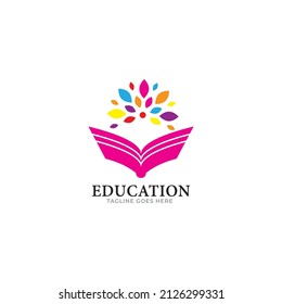 Book with people and sunrise, educational logo template, simple flat logo style
