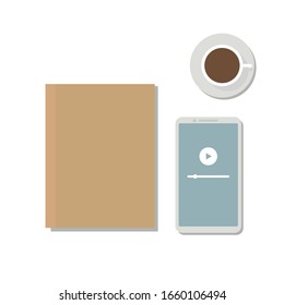 Libro, teléfono, una taza de café vectorial sobre fondo blanco, ilustración plana