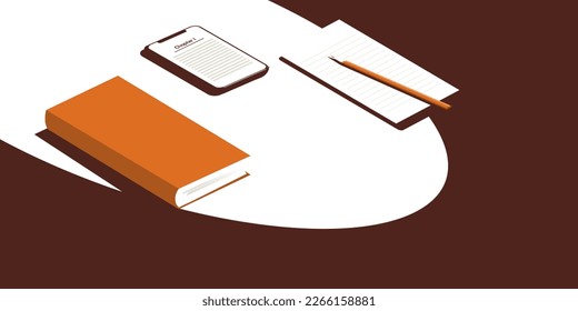 Book and phone on the table. Next to a sheet and a pencil. The concept of learning or reading.