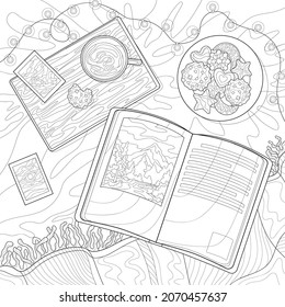 Book with picture, photos, cup of tea or coffee, plate with cookies and gingerbread, light garland, plaid. Cozy illustration on a white isoalted background. For coloring book.