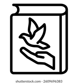 Book with pigeon and hand line icon, children book holiday concept. Vector graphics. Hand with dove bird at textbook sign on white background, style mobile or design