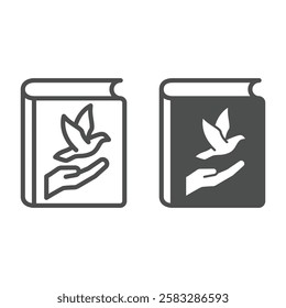 Book with pigeon and hand line and solid icon, children book holiday concept. Vector graphics. Hand with dove bird at textbook sign on white background, outline style icon for mobile or web design