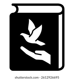Book with pigeon and hand solid icon, children book holiday concept. Vector graphics. Hand with dove bird at textbook sign on white background, glyph style mobile or design