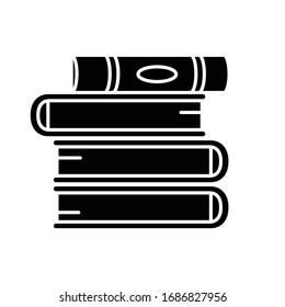 Book pile black glyph icon. Stack of hardcover textbooks. School assignment. Self education. Teach and study. Library collection. Silhouette symbol on white space. Vector isolated illustration