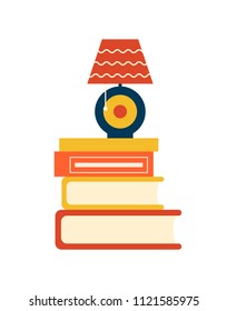 Book pile and cute round lamp standing on them, stack of different literature publications vector illustration, isolated on white backdrop illuminator