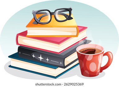 Book Pile with Glasses on Top and Steaming Coffee Mug on the Side. Cozy Reading Concept Vector Graphic