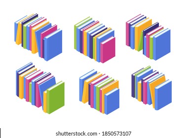 El montón de libros es isométrico. Conjunto de ilustraciones vectoriales de libros de texto de papel de color permanente con cubierta dura para diseño de lectura y educación, biblioteca y estudio en concepto escolar.