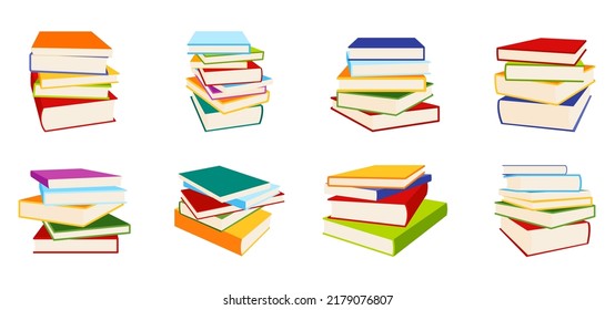Book pile stack heap vintage modern style flat set. Collection element school student presentation ads library bookstore collage object isometric infographic education business literary site isolated