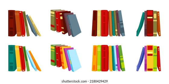 Book pile stack heap vintage modern style flat set. Collection element school student presentation ads library bookstore collage object isometric infographic education business literary site isolated