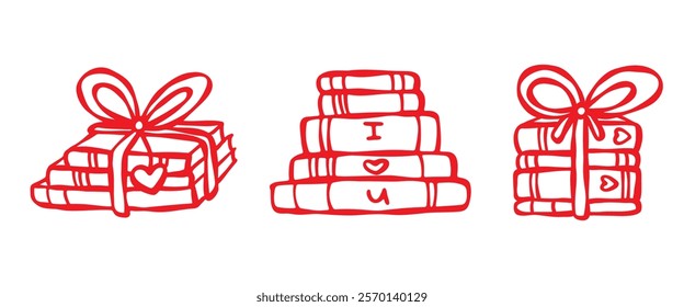 Book Piles Set. Red contour isolated on a white background. Love themed illustration for Valentine, anniversaries, weddings, stickers, web, blogs, greeting cards, bookmarks