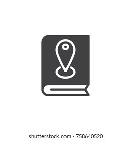 Book with pin location icon vector, filled flat sign, solid pictogram isolated on white. Pin book symbol, logo illustration.