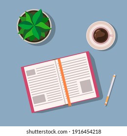 The book is a pink cover, pen, cup of coffee on a saucer, plant on a gray-blue background. Reading, education. Flat isolated illustration.
