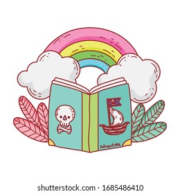 book of pirates rainbow clouds plants cartoon vector illustration