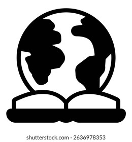 Book and planet earth solid icon, eco tourism concept. Vector graphics. World globe with encyclopedia book sign on white background, style mobile or design