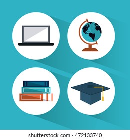 book planet sphere graduation cap laptop education learning school icon. Colorful design. Vector illustration