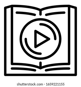 Book and play button icon. Outline book and play button vector icon for web design isolated on white background