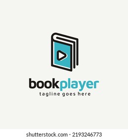 Book with Play Button for Library Magazine Song Movie Video Media Player logo design