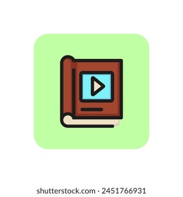 Book and play button line icon. Video lesson, ebook, guidance. Education concept. Can be used for topics like training, class, course.