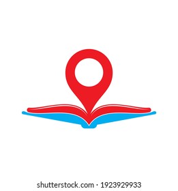 Plantilla de diseño de logotipo de punto de libro. Icono de educación con combinación de pines. Concepto del símbolo del puntero de librería.