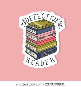 Book postcard. Detective reader sticker. Stacks of books in flat design style. World Book Day. Vector.