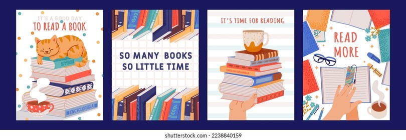 Book posters. Stack of literature flat cartoon school university backgrounds, geometric magazine cover design read learn more concept. Vector banner set of concept education illustration