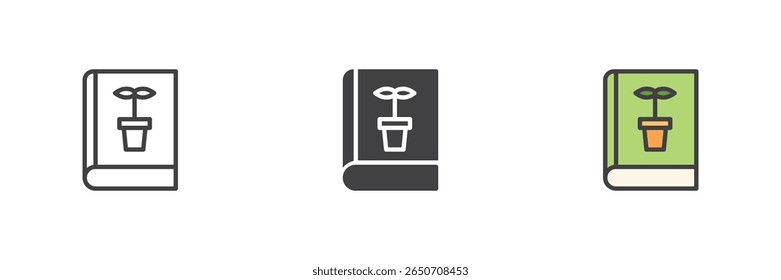 Livro com um conjunto de ícones de planta ou flor em vaso. Inclui estilos de contorno preenchidos com linhas, sólidos e coloridos. Jardinagem, natureza e botânica com tema símbolo ícone do livro de vetor.