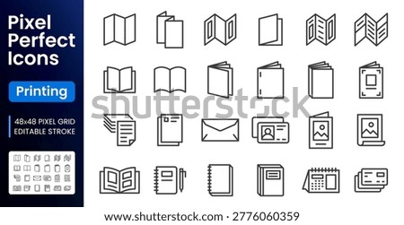 Book, print collateral line icons set. Brochure, catalog, flyer, envelope, letterhead flat minimal vector illustrations. Simple outline signs for publishing house. 48x48 Pixel Perfect. Editable Stroke